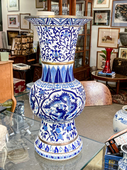 Vintage Blue & White Floral Dragon Motif Chinese Cloisonné Trumpet Vase
