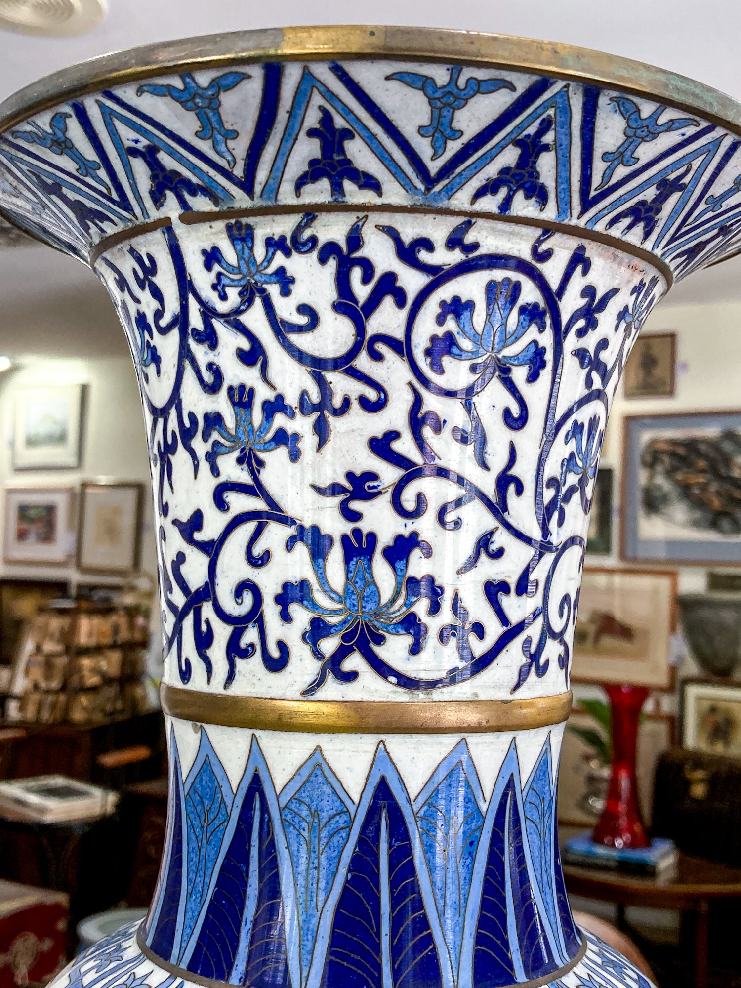 Vintage Blue & White Floral Dragon Motif Chinese Cloisonné Trumpet Vase