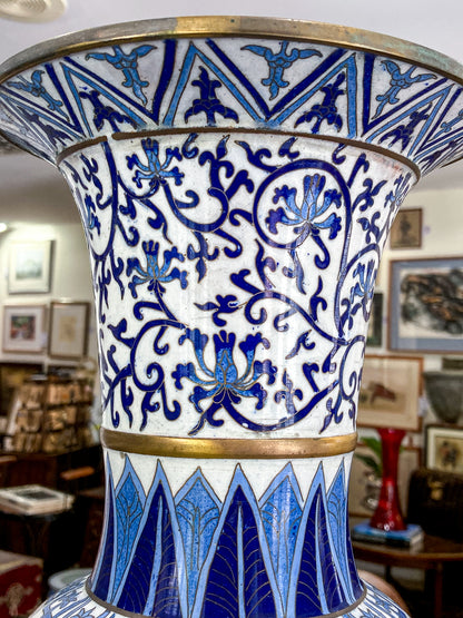 Vintage Blue & White Floral Dragon Motif Chinese Cloisonné Trumpet Vase