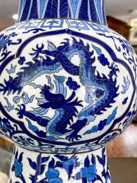 Vintage Blue & White Floral Dragon Motif Chinese Cloisonné Trumpet Vase
