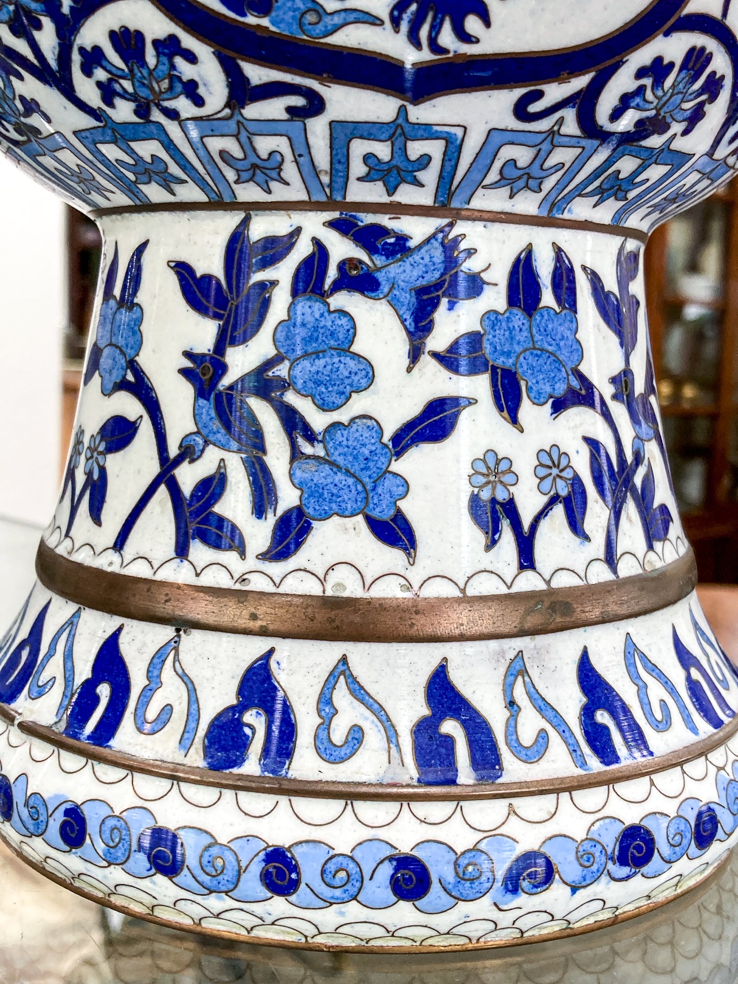 Vintage Blue & White Floral Dragon Motif Chinese Cloisonné Trumpet Vase