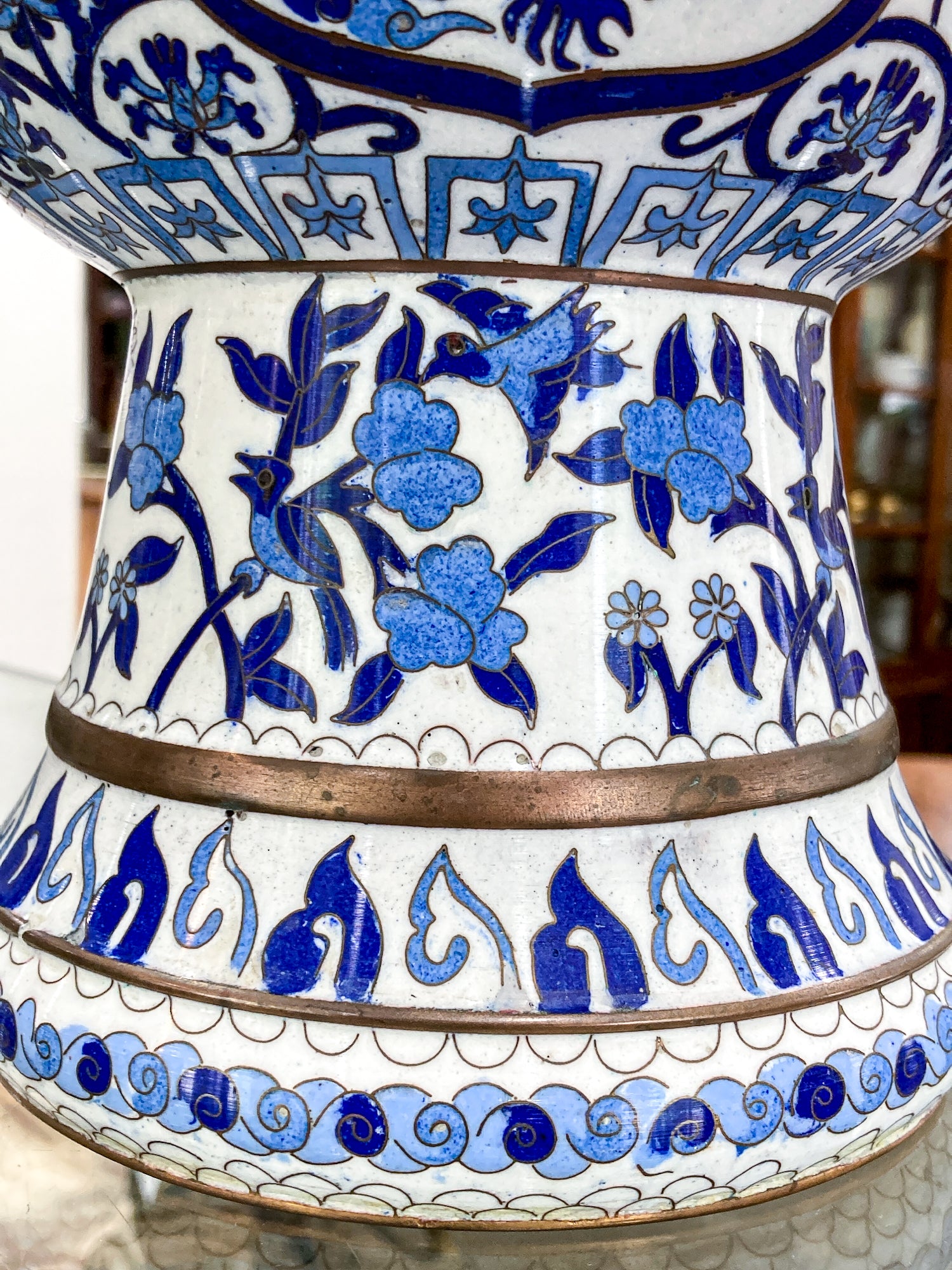 Vintage Blue & White Floral Dragon Motif Chinese Cloisonné Trumpet Vase