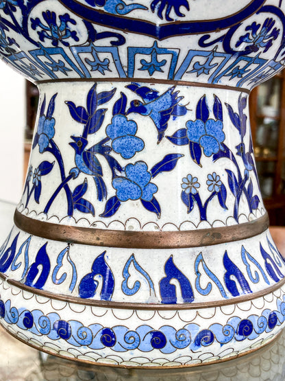 Vintage Blue & White Floral Dragon Motif Chinese Cloisonné Trumpet Vase