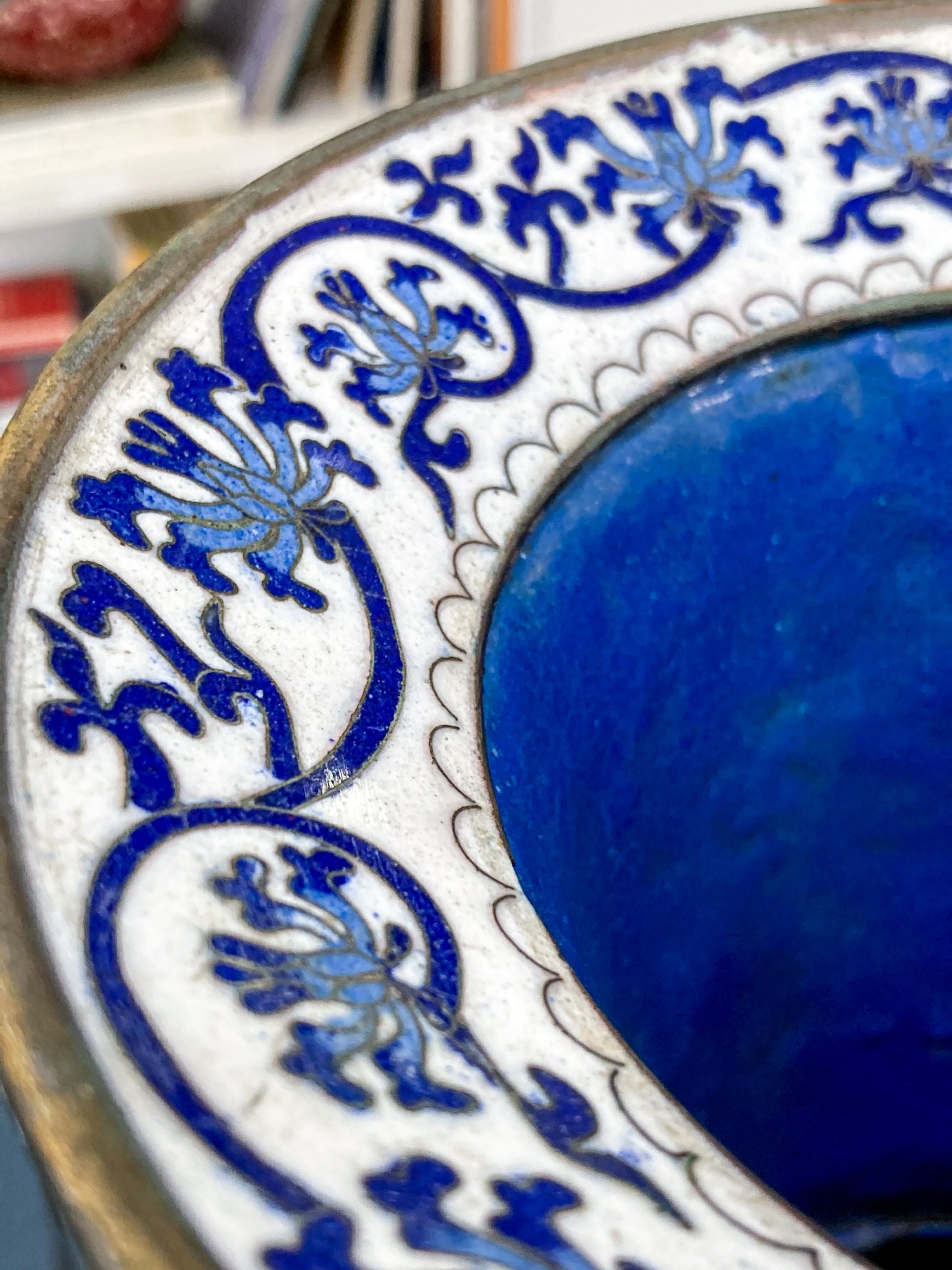 Vintage Blue & White Floral Dragon Motif Chinese Cloisonné Trumpet Vase