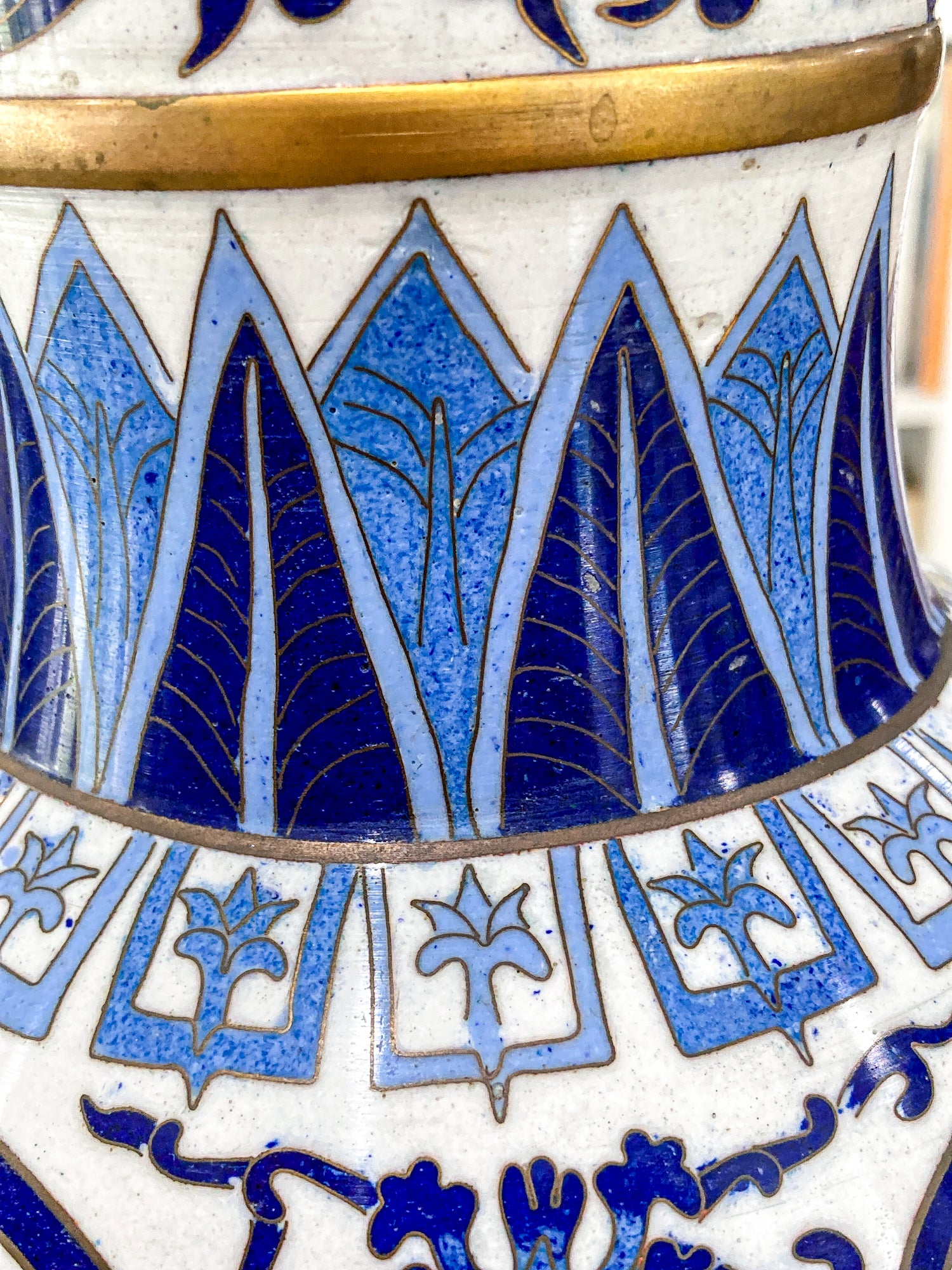 Vintage Blue & White Floral Dragon Motif Chinese Cloisonné Trumpet Vase