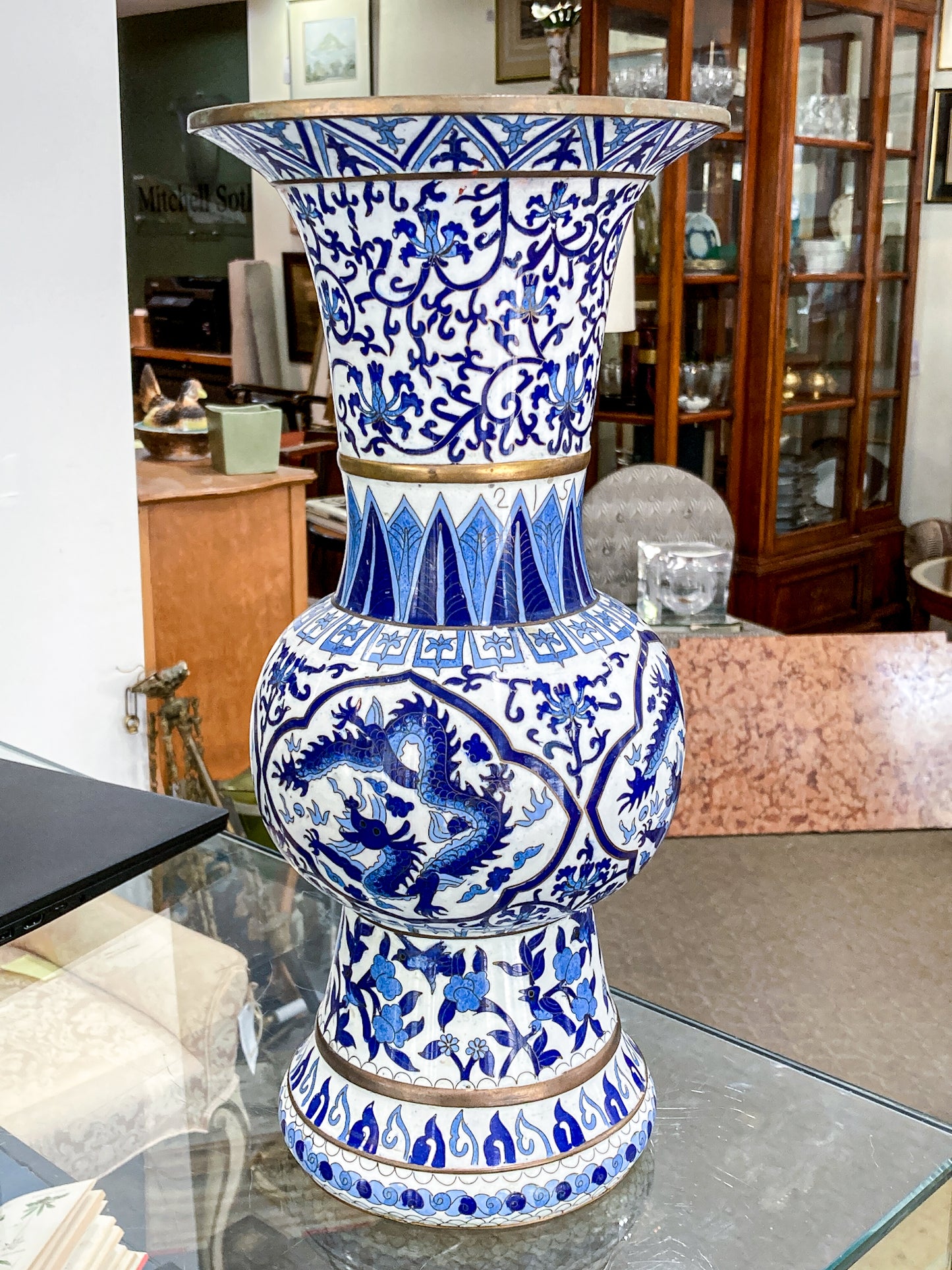 Vintage Blue & White Floral Dragon Motif Chinese Cloisonné Trumpet Vase