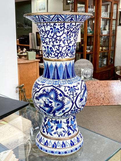 Vintage Blue & White Floral Dragon Motif Chinese Cloisonné Trumpet Vase