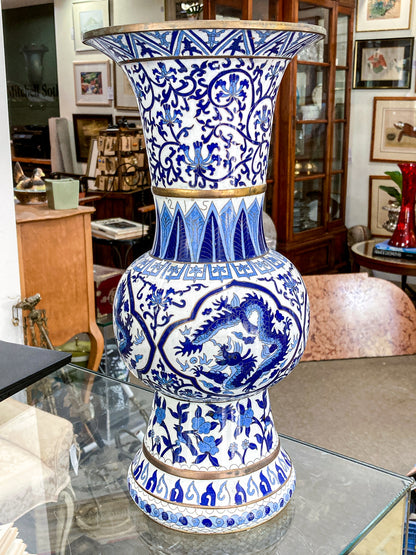 Vintage Blue & White Floral Dragon Motif Chinese Cloisonné Trumpet Vase