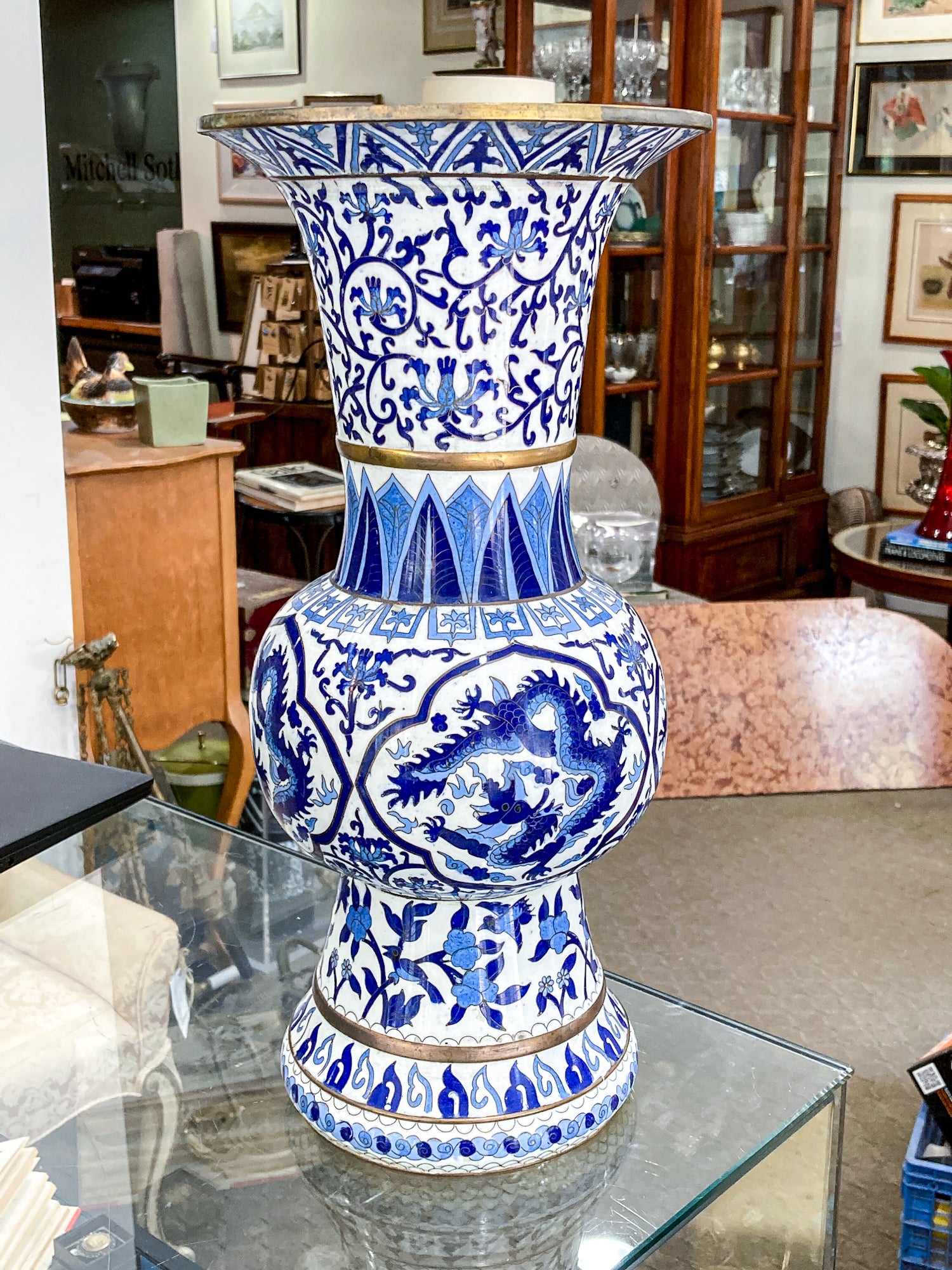 Vintage Blue & White Floral Dragon Motif Chinese Cloisonné Trumpet Vase