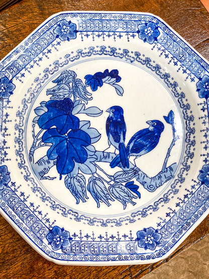 Vintage Blue & White Perched Birds Chinese Porcelain Warming Tray Plate
