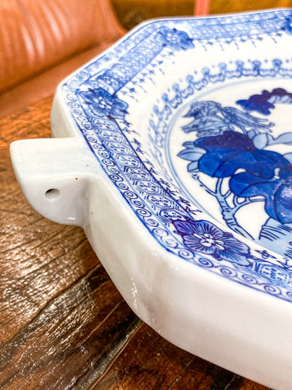 Vintage Blue & White Perched Birds Chinese Porcelain Warming Tray Plate