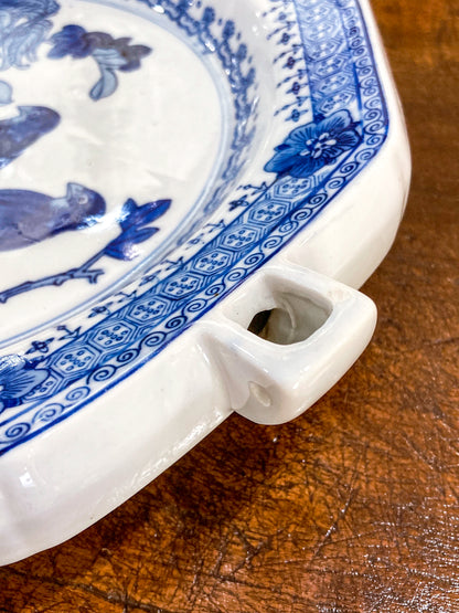 Vintage Blue & White Perched Birds Chinese Porcelain Warming Tray Plate