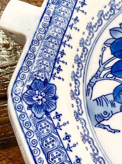 Vintage Blue & White Perched Birds Chinese Porcelain Warming Tray Plate