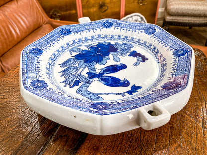 Vintage Blue & White Perched Birds Chinese Porcelain Warming Tray Plate