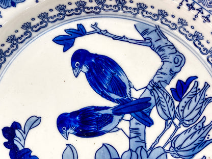 Vintage Blue & White Perched Birds Chinese Porcelain Warming Tray Plate