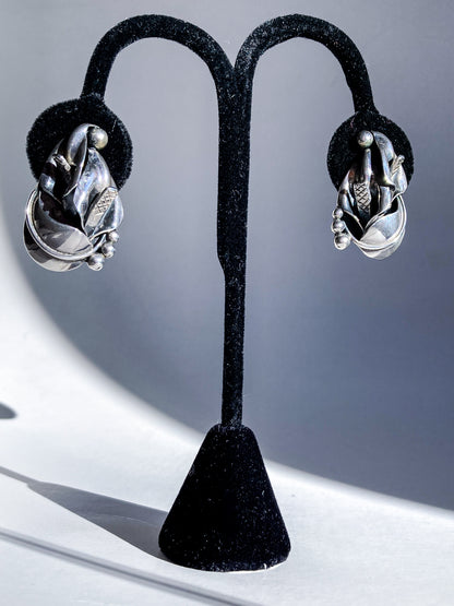 Vintage Danish Modern Style Sterling Silver Double Calla Lily Bouquet Post Earrings