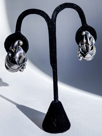 Vintage Danish Modern Style Sterling Silver Double Calla Lily Bouquet Post Earrings