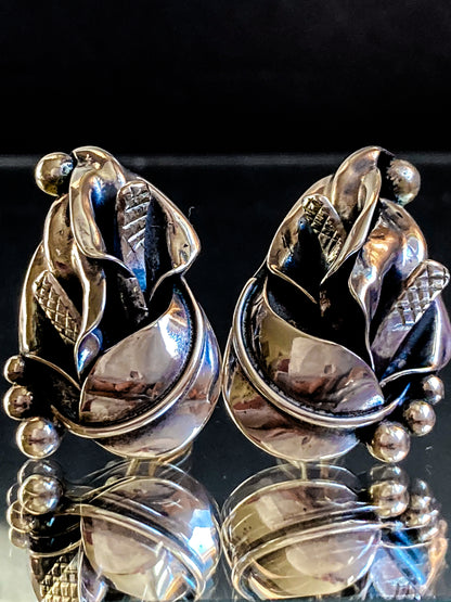 Vintage Danish Modern Style Sterling Silver Double Calla Lily Bouquet Post Earrings