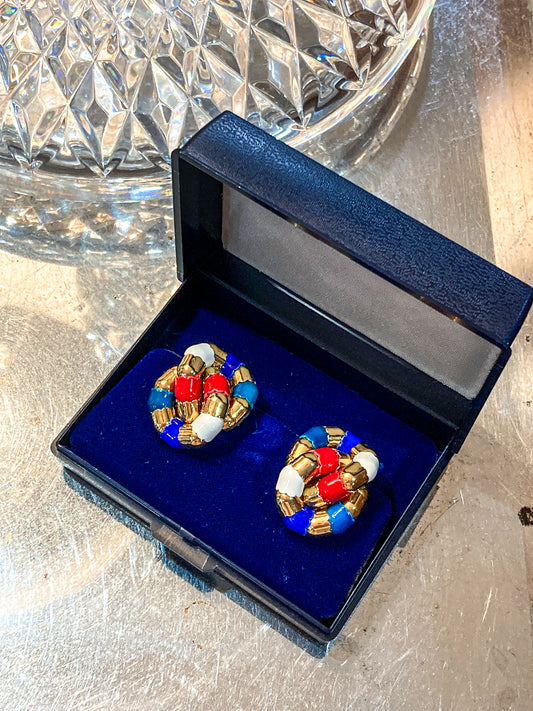 Vintage Bucherer Red Blue White Gold Tulip Knot Clip-on Earrings Original Box