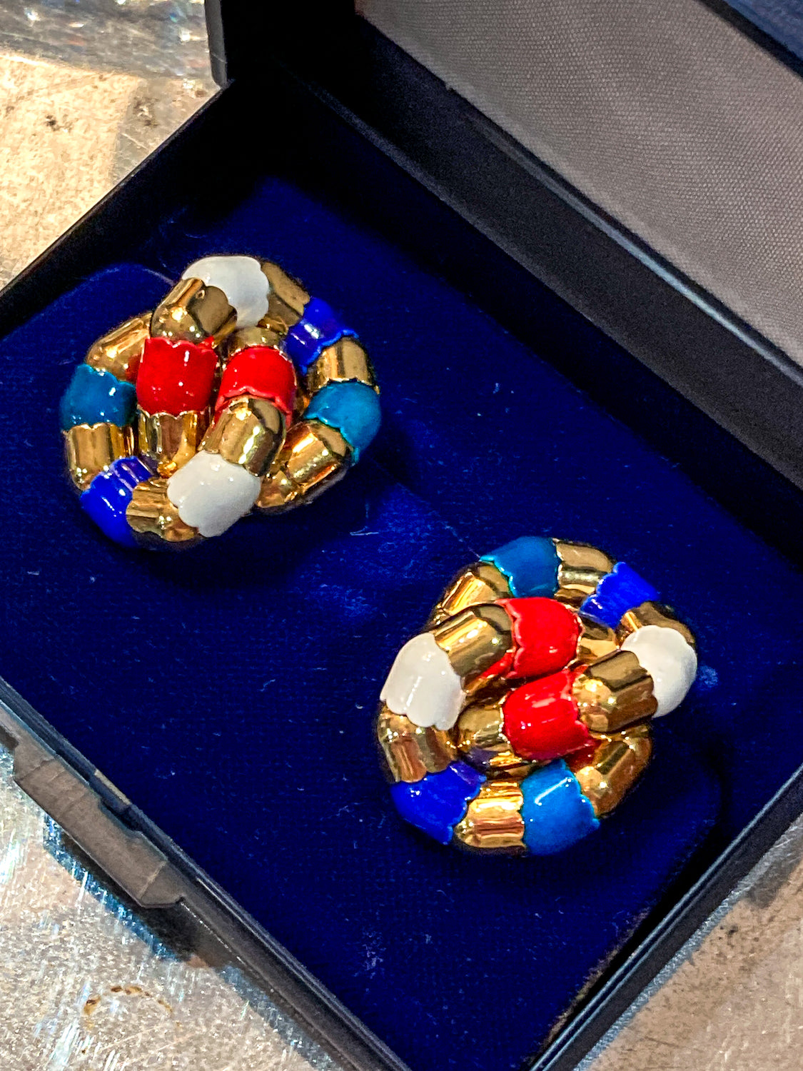 Vintage Bucherer Red Blue White Gold Tulip Knot Clip-on Earrings Original Box
