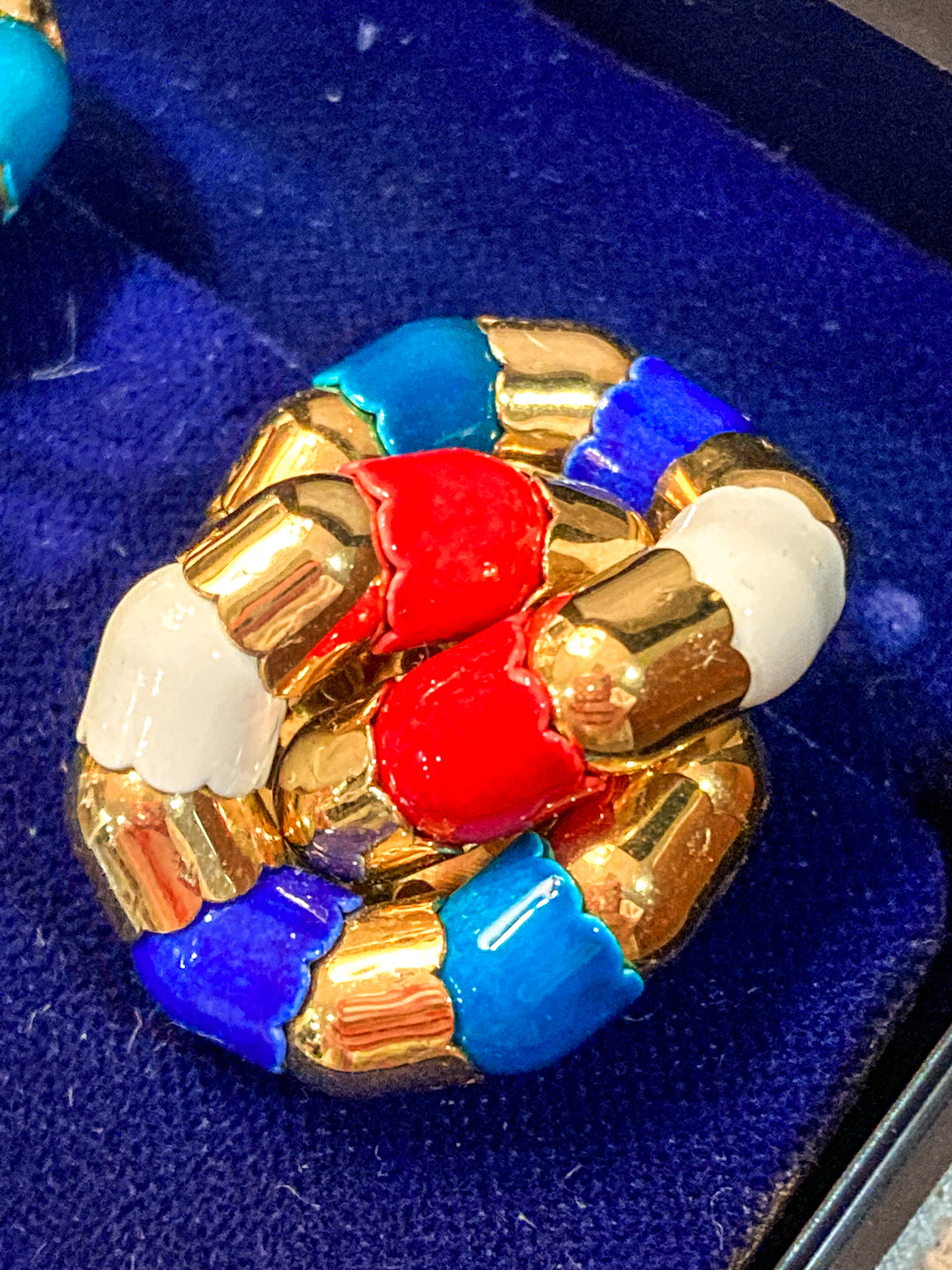 Vintage Bucherer Red Blue White Gold Tulip Knot Clip-on Earrings Original Box