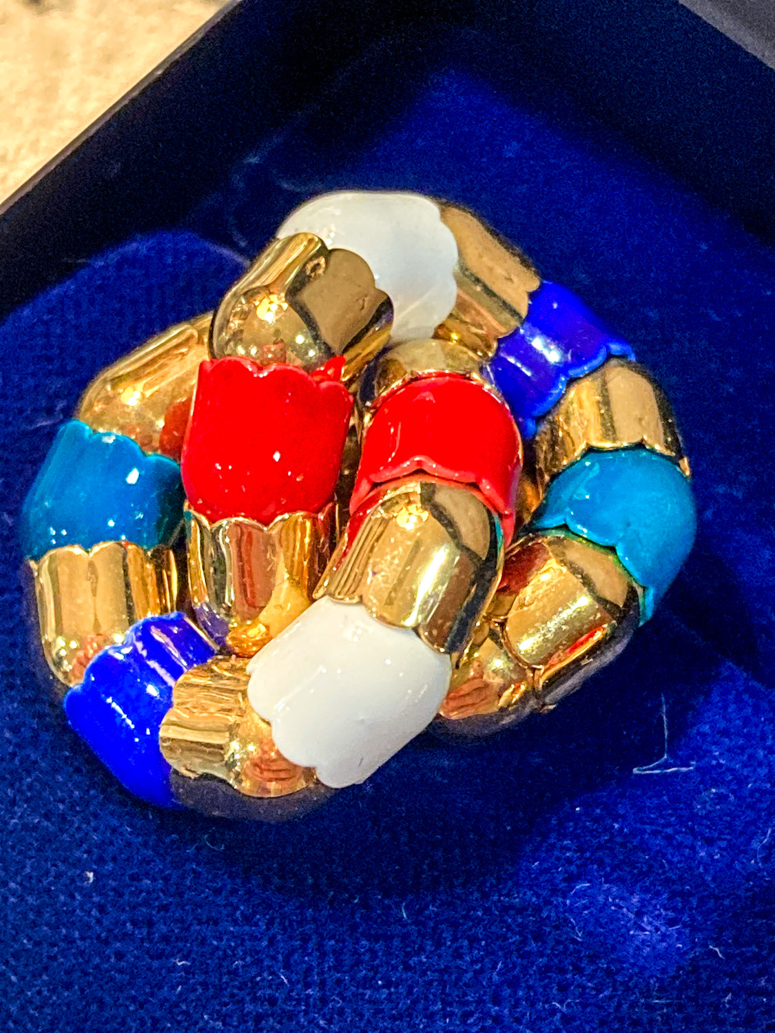 Vintage Bucherer Red Blue White Gold Tulip Knot Clip-on Earrings Original Box