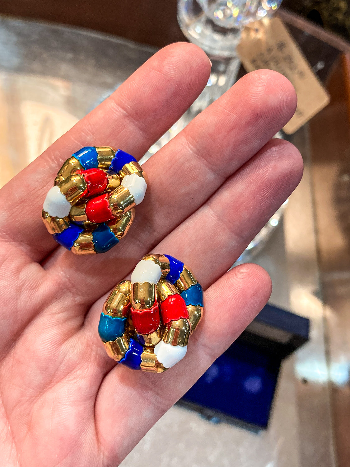 Vintage Bucherer Red Blue White Gold Tulip Knot Clip-on Earrings Original Box