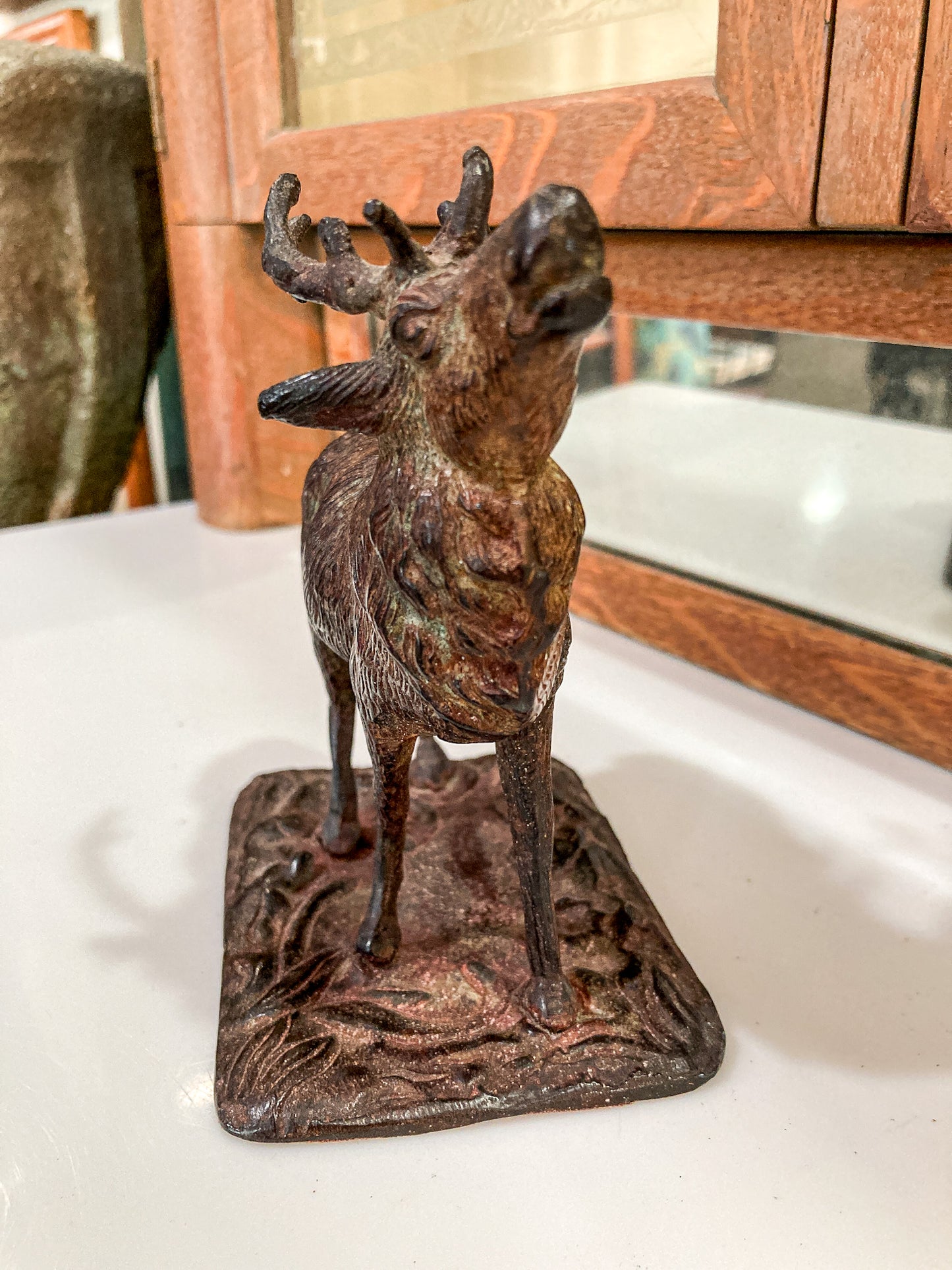 Vintage Cast Bronzed Metal Standing Elk Stag Table Top Sculpture