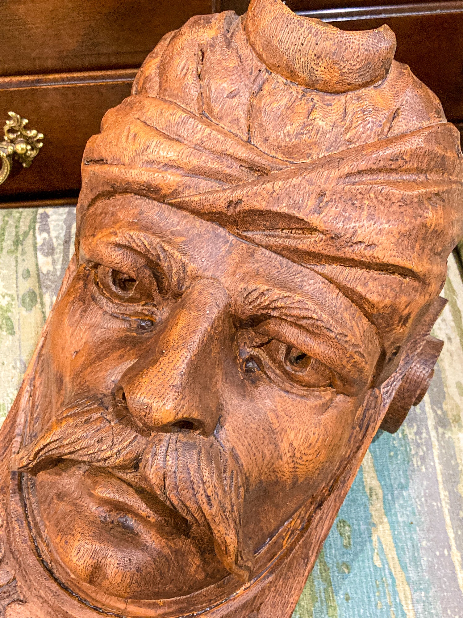Vintage Faux Wooden Nickel '78 Cast Mustachioed Man Wall Sculpture Corbel
