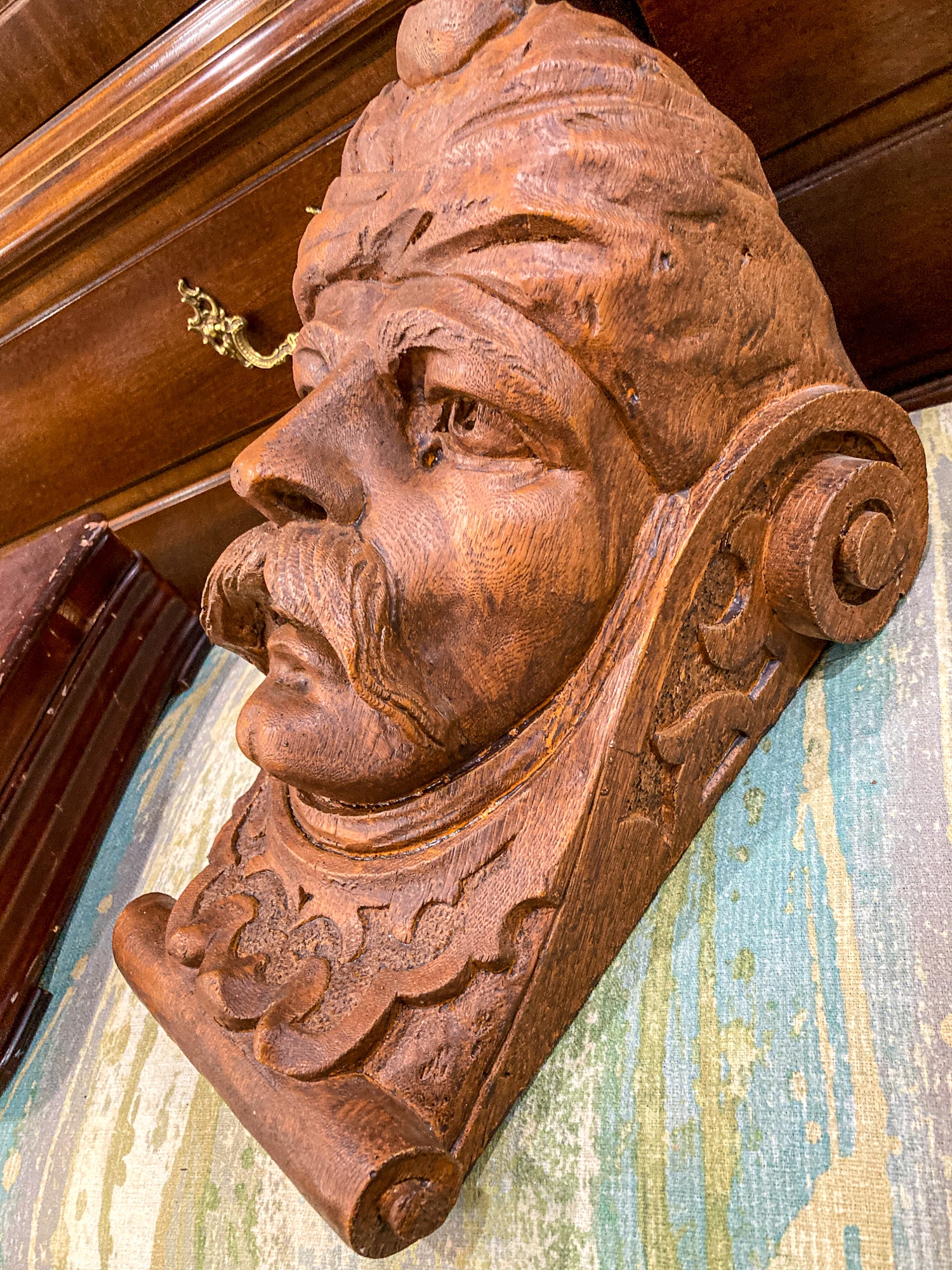 Vintage Faux Wooden Nickel '78 Cast Mustachioed Man Wall Sculpture Corbel