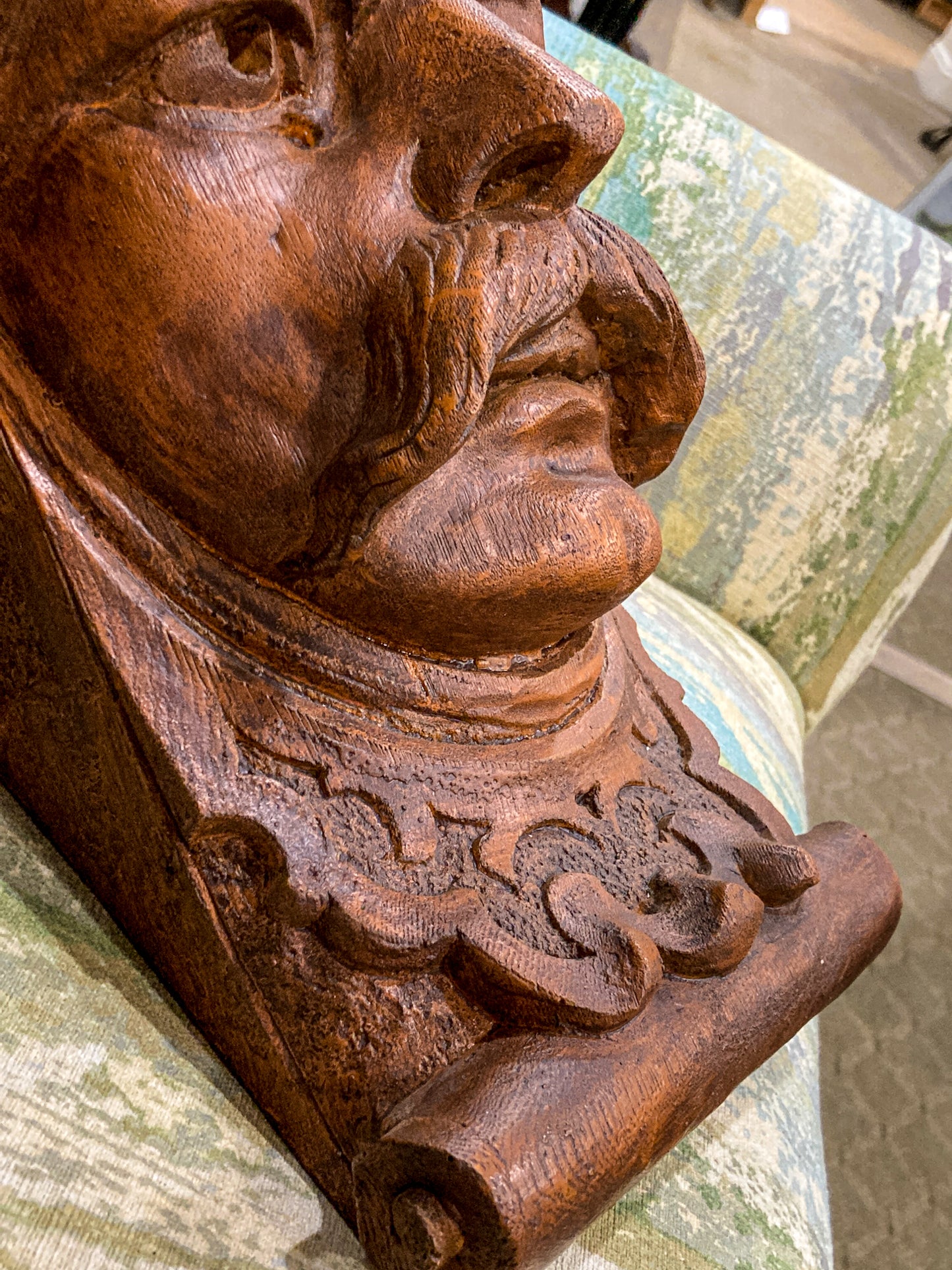 Vintage Faux Wooden Nickel '78 Cast Mustachioed Man Wall Sculpture Corbel
