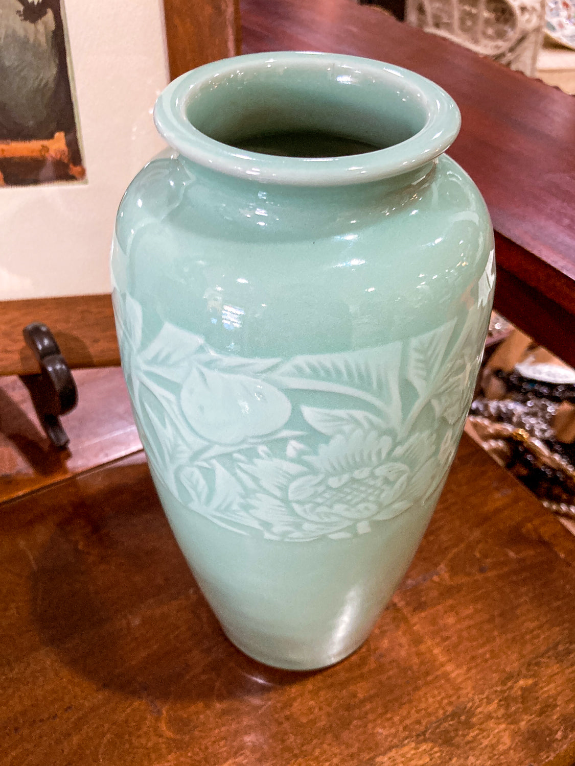 Vintage Art Deco Style Celadon Glaze Foliate Banded Tall Korean Ceramic Vase
