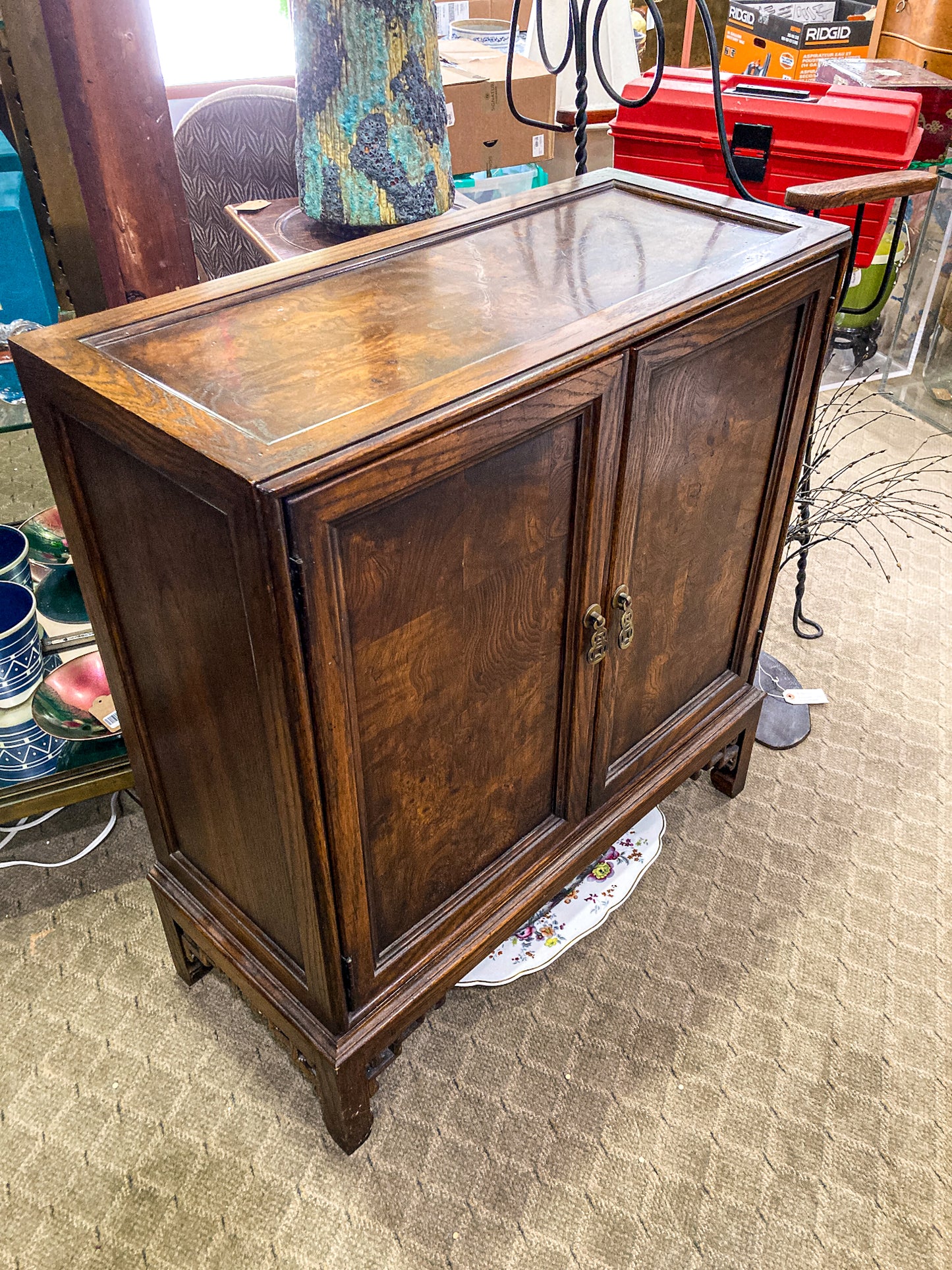 Vintage Chinese Inspired Raised Wood Two-Door Bookcase Cabinet