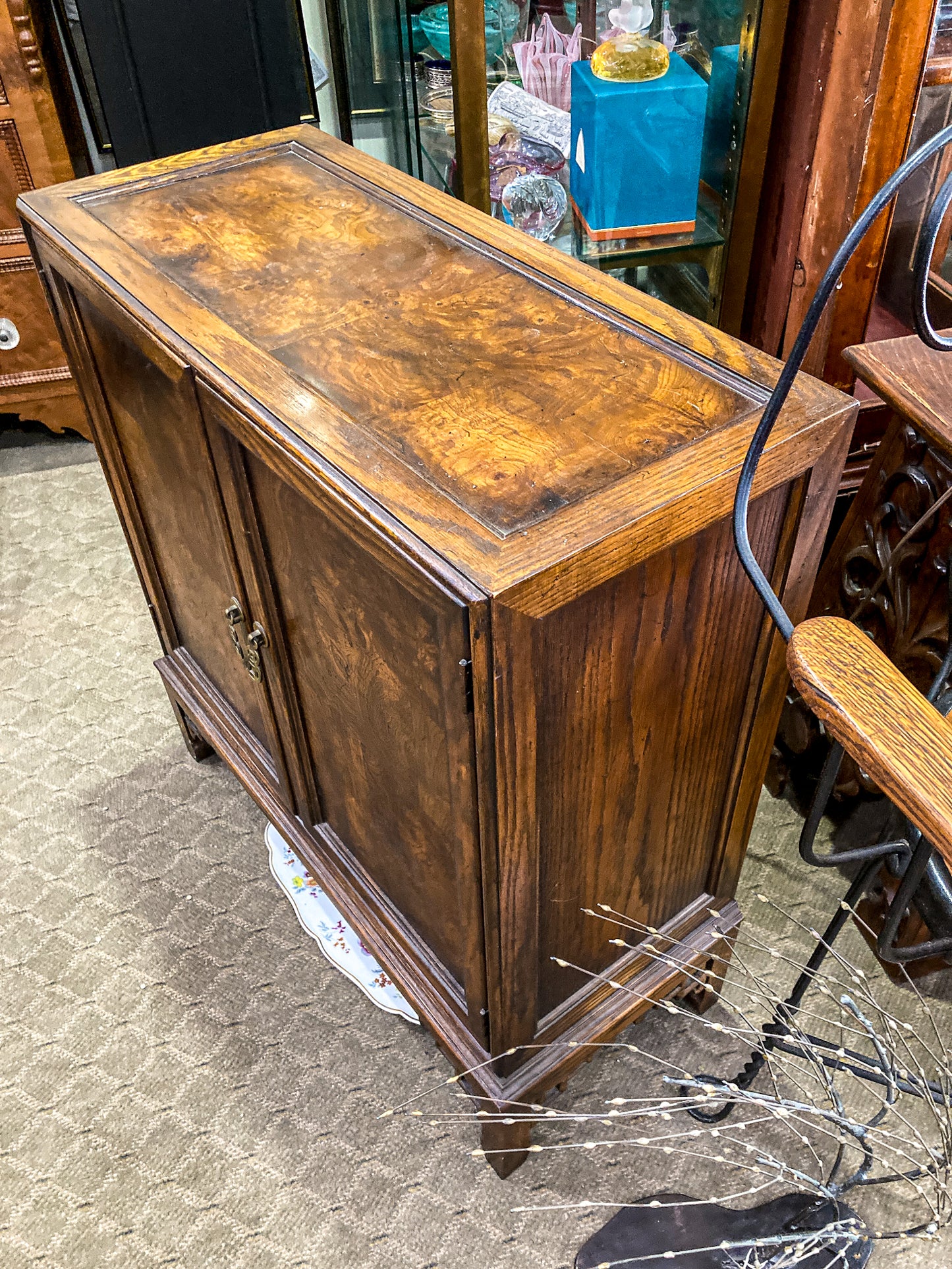 Vintage Chinese Inspired Raised Wood Two-Door Bookcase Cabinet