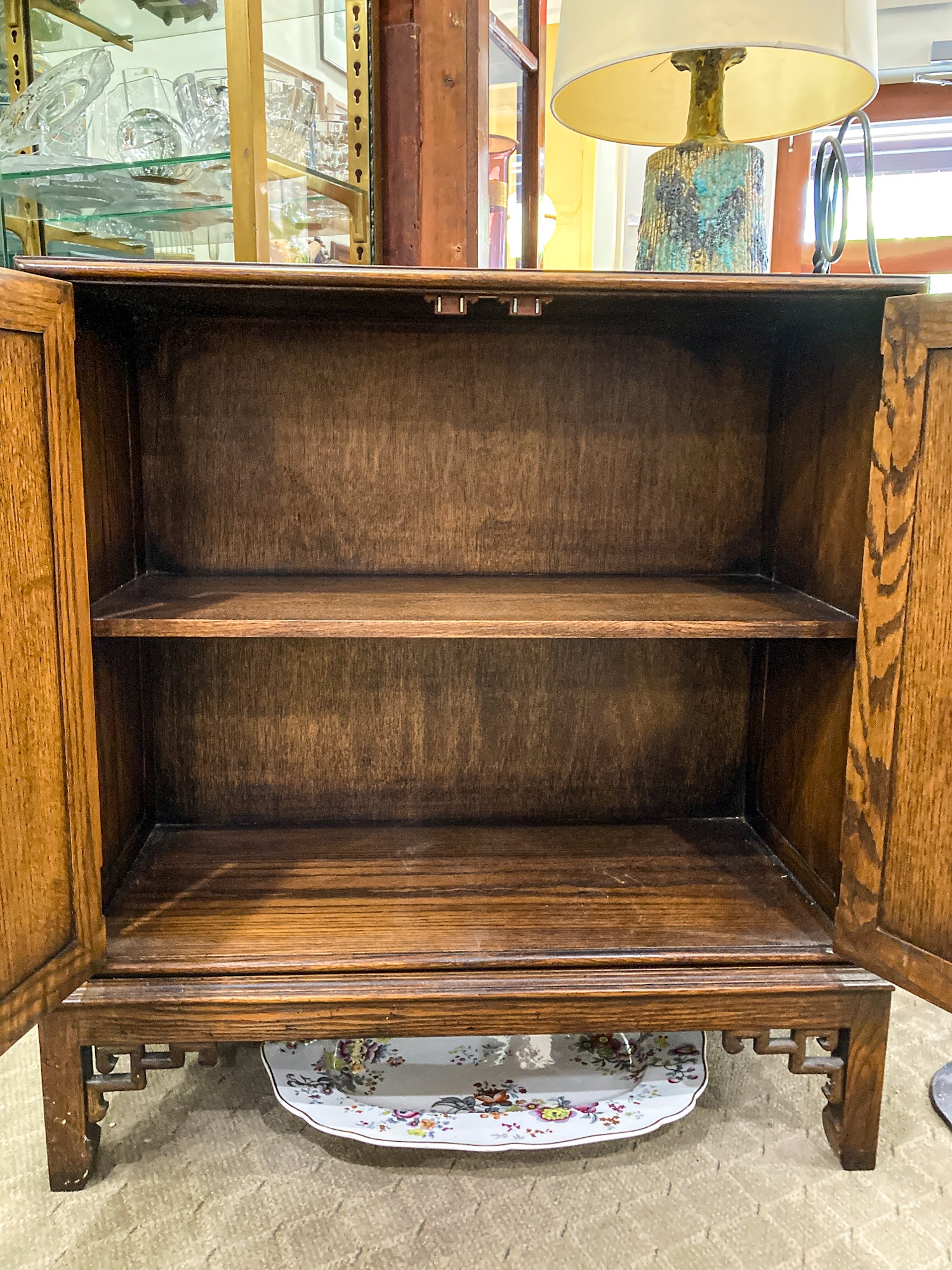 Vintage Chinese Inspired Raised Wood Two-Door Bookcase Cabinet