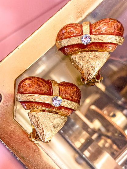 Christian Lacroix Jewelry Red Enameled Rhinestone Gold Heart Clip On Earrings