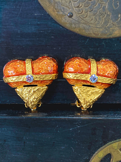 Christian Lacroix Jewelry Red Enameled Rhinestone Gold Heart Clip On Earrings