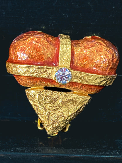 Christian Lacroix Jewelry Red Enameled Rhinestone Gold Heart Clip On Earrings