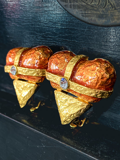 Christian Lacroix Jewelry Red Enameled Rhinestone Gold Heart Clip On Earrings