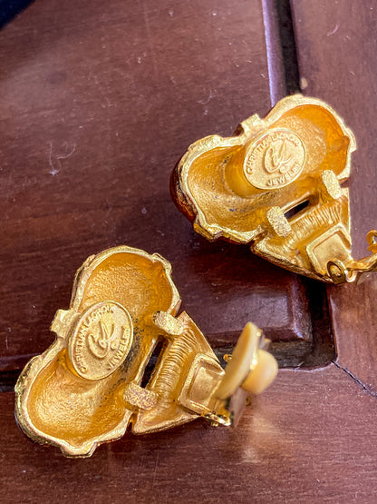 Christian Lacroix Jewelry Red Enameled Rhinestone Gold Heart Clip On Earrings