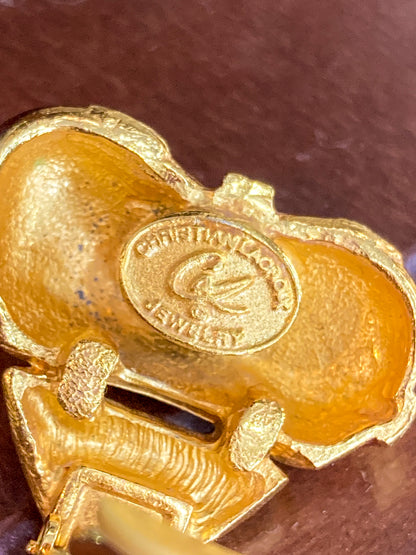 Christian Lacroix Jewelry Red Enameled Rhinestone Gold Heart Clip On Earrings