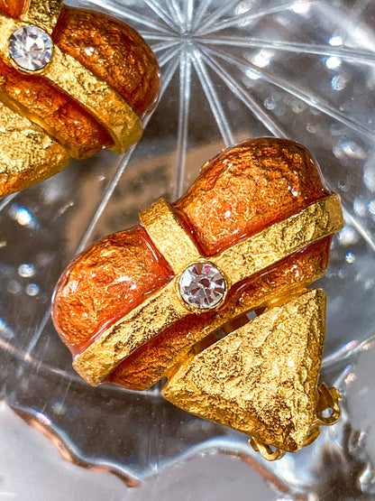 Christian Lacroix Jewelry Red Enameled Rhinestone Gold Heart Clip On Earrings