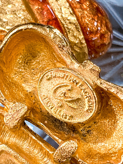 Christian Lacroix Jewelry Red Enameled Rhinestone Gold Heart Clip On Earrings