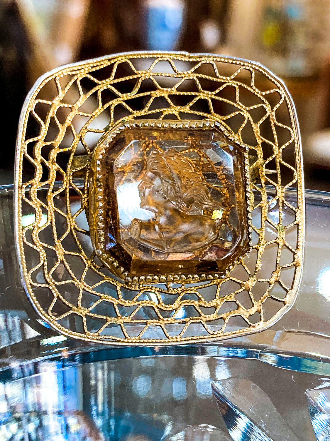 Vintage Topaz Glass Intaglio Relief Classic Cameo Gold Filigree Brooch Pin