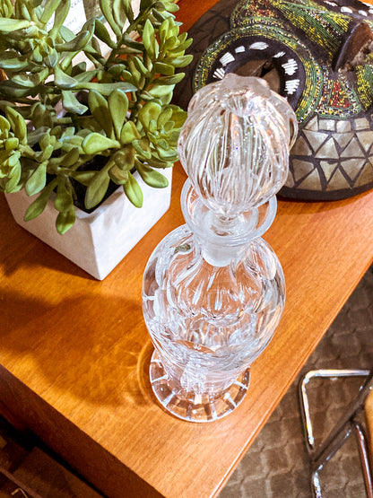 Vintage Clear Glass Etched Details Sculptural Stopper Decanter Barware