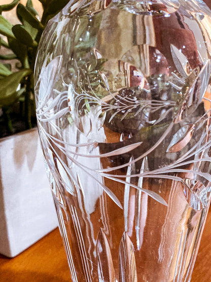 Vintage Clear Glass Etched Details Sculptural Stopper Decanter Barware