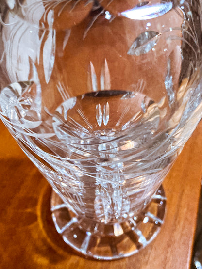 Vintage Clear Glass Etched Details Sculptural Stopper Decanter Barware