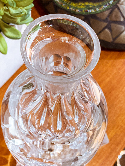 Vintage Clear Glass Etched Details Sculptural Stopper Decanter Barware