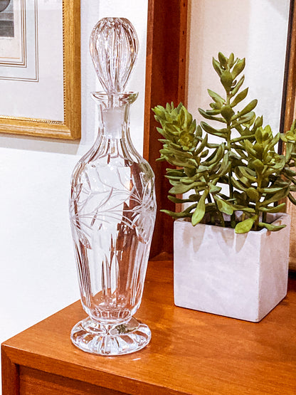 Vintage Clear Glass Etched Details Sculptural Stopper Decanter Barware