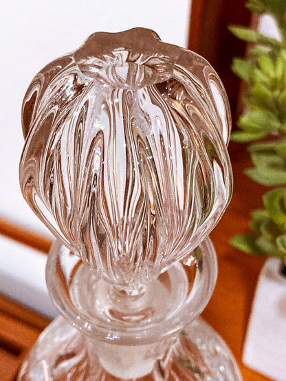 Vintage Clear Glass Etched Details Sculptural Stopper Decanter Barware